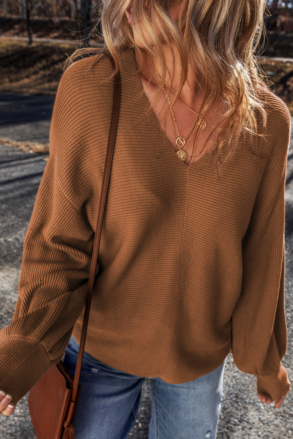 Casual Fall Sweater: Stylish Drop Sleeves and Flattering V Neck Design - Detail View 6 Casual Fall Sweater: Stylish Drop Sleeves and Flattering V Neck Design - Detail View 6