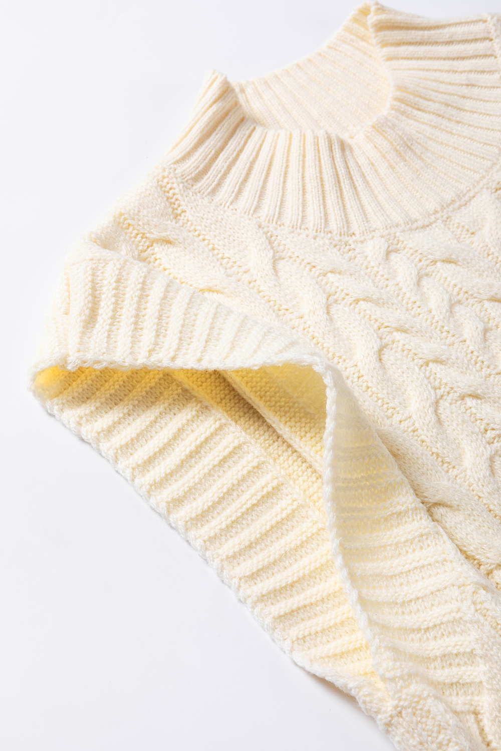 Women's High Neck Cable Knit Vest, Solid Oatmeal Layering - Detail View 9 Women's High Neck Cable Knit Vest, Solid Oatmeal Layering - Detail View 9