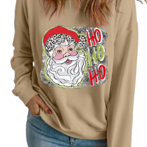 Women's Khaki HOHOHO Santa Claus Drop Shoulder Christmas Sweatshirt - Main View