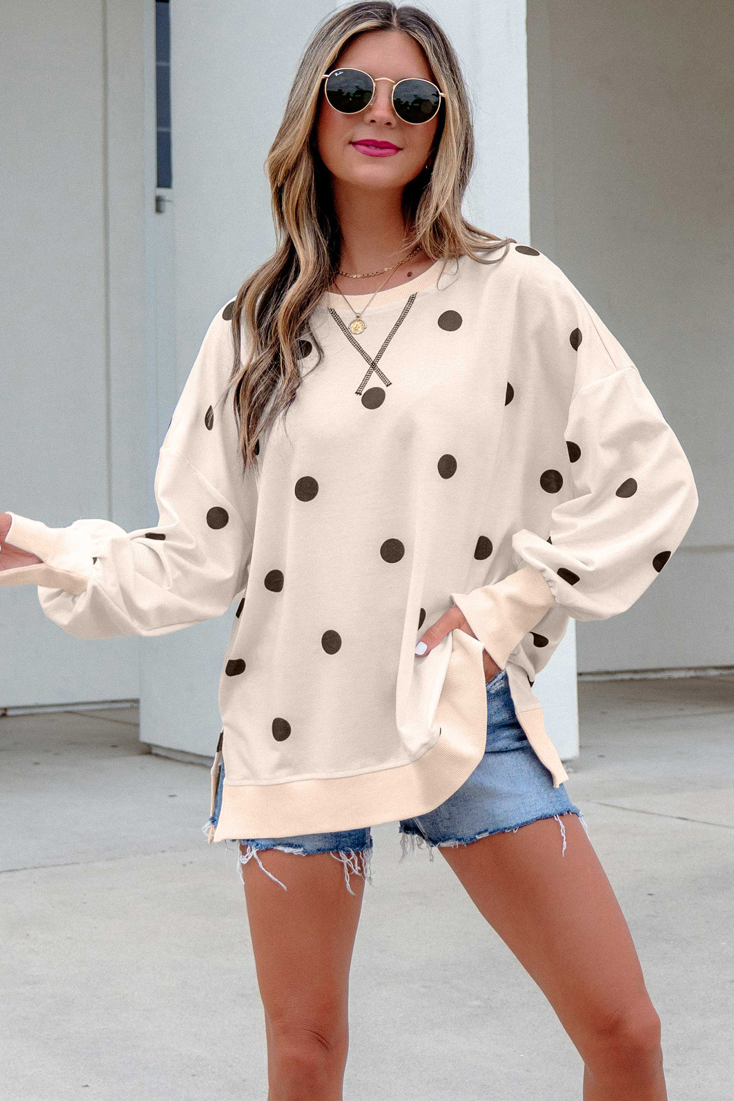 Beige Polka Dot Sweatshirt, Relaxed Round Neck Split Hem Top - Detail View 5 Beige Polka Dot Sweatshirt, Relaxed Round Neck Split Hem Top - Detail View 5