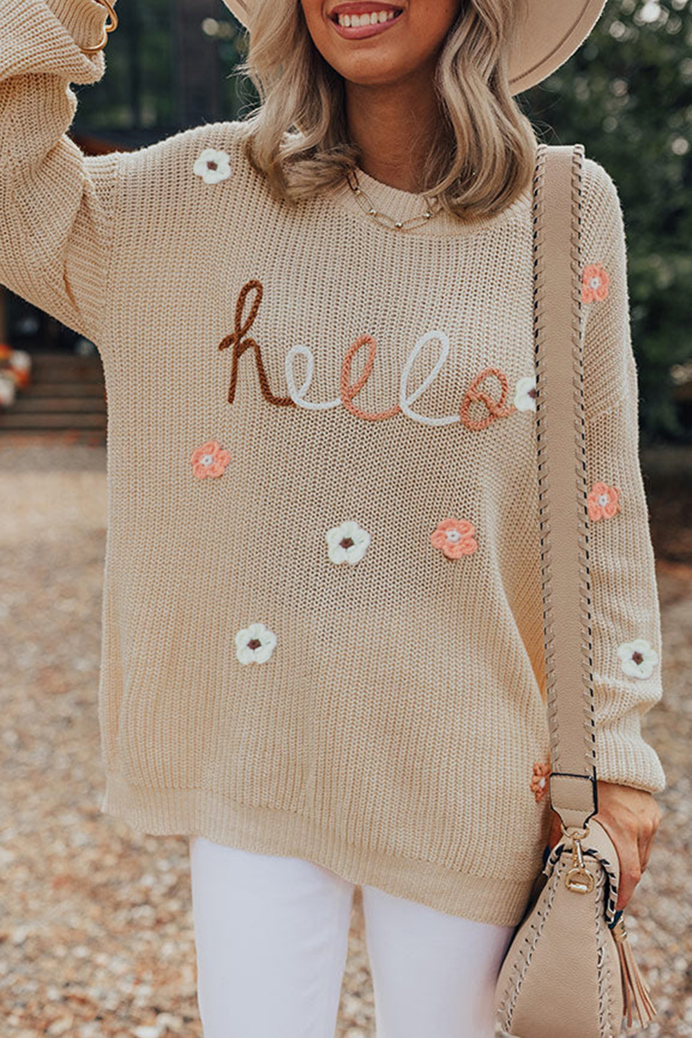 Casual Long Sleeve Sweater with Hello Floral Embroidery - Parchment - Detail View 2 Casual Long Sleeve Sweater with Hello Floral Embroidery - Parchment - Detail View 2