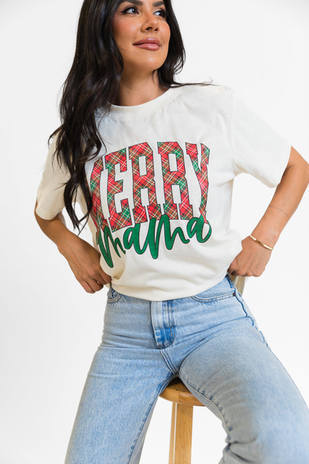 Stylish Holiday Graphic T-Shirt for Moms - MERRY Mama Design - Detail View 2 Stylish Holiday Graphic T-Shirt for Moms - MERRY Mama Design - Detail View 2
