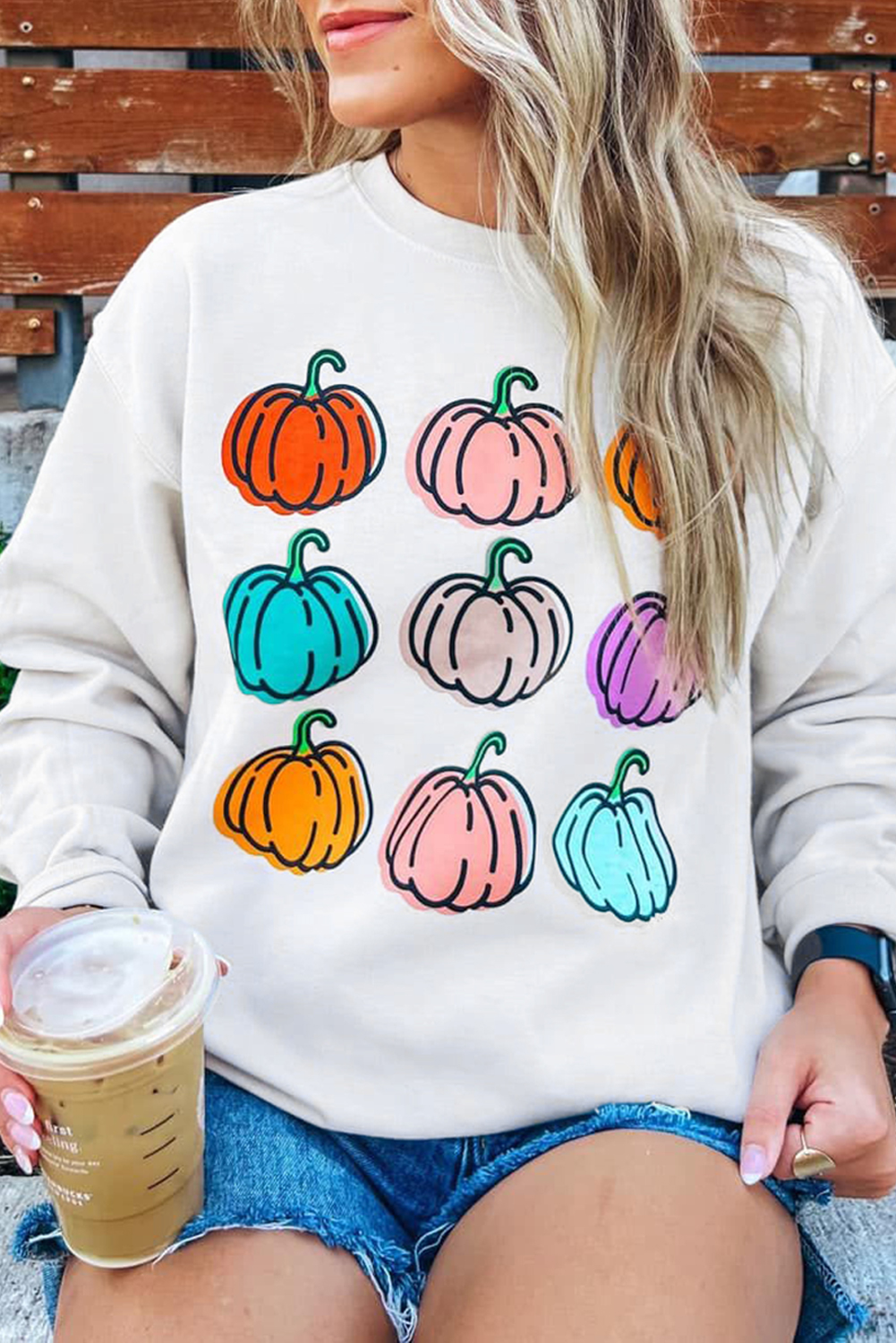 Casual Long Sleeve Crew Neck Sweatshirt - Beige with Pumpkin Print - Detail View 2 Casual Long Sleeve Crew Neck Sweatshirt - Beige with Pumpkin Print - Detail View 2