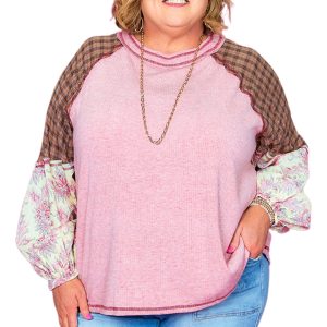 Plus Size Pink Checkered Paisley Patchwork Raglan Sleeve Top for Women - Main View