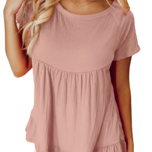 Women's Pink Ruffle Hem Top, Casual Round Neck Short Sleeve - Main View