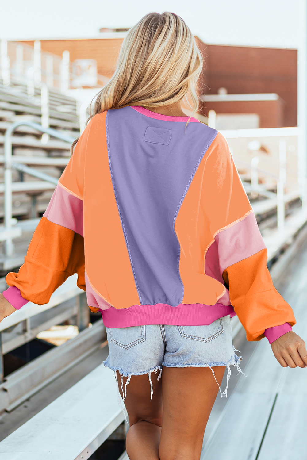 Women's Patchwork Top with Exposed Stitching - Retro Chic and Timeless Fashion - Detail View 3 Women's Patchwork Top with Exposed Stitching - Retro Chic and Timeless Fashion - Detail View 3