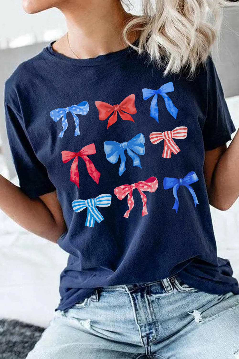 Women's Casual Bowknot Print Tee, Summer Graphic Round Neck - Detail View 3 Women's Casual Bowknot Print Tee, Summer Graphic Round Neck - Detail View 3