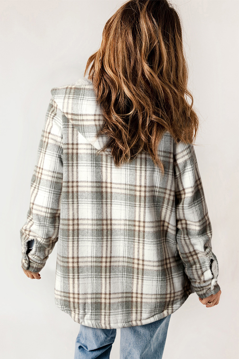Casual Hooded Shacket, Women's Plaid Button Down Outerwear - Detail View 2 Casual Hooded Shacket, Women's Plaid Button Down Outerwear - Detail View 2