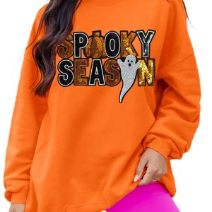 Women's Russet Orange Sequin Ghost Pattern Halloween Pullover Sweatshirt - Main View