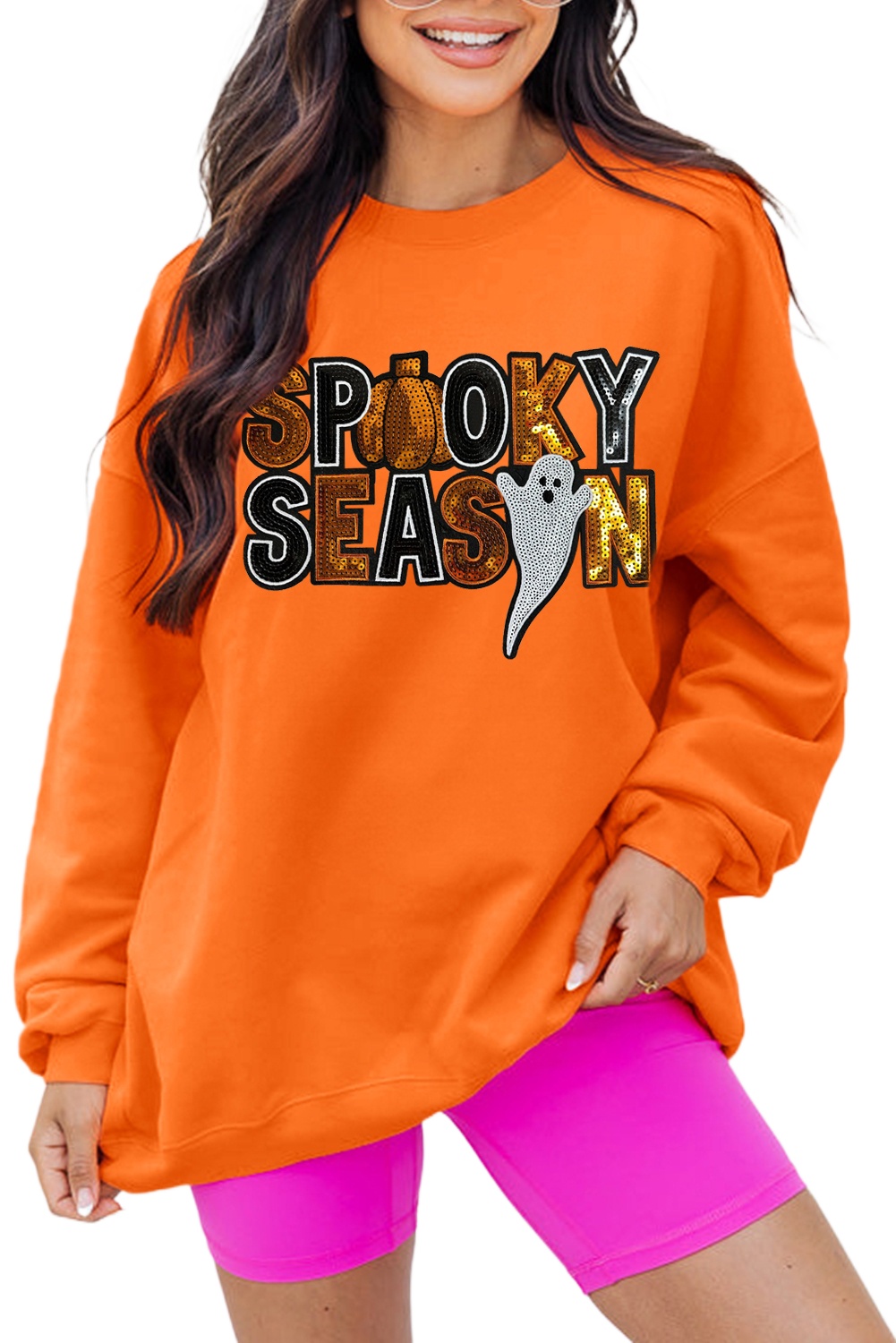 Women's Russet Orange Sequin Ghost Pattern Halloween Pullover Sweatshirt - Main View Women's Russet Orange Sequin Ghost Pattern Halloween Pullover Sweatshirt - Main View