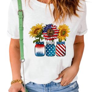 Women's White American Flag Sunflower Graphic Tee - Main View