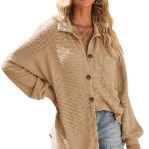 Women's Khaki Waffle Knit Shirt, Long Sleeve Button Up Top - Main View