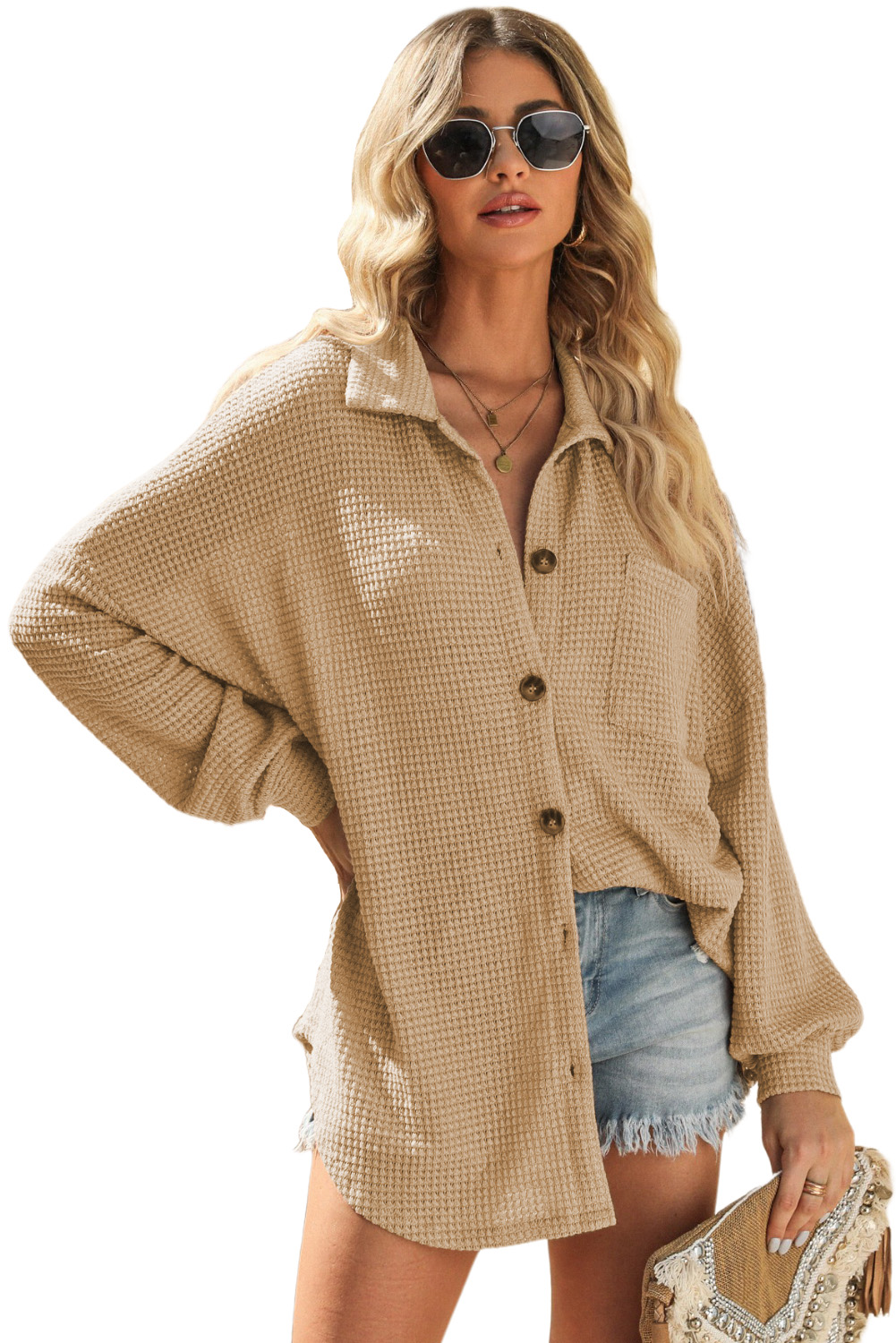 Women's Khaki Waffle Knit Shirt, Long Sleeve Button Up Top - Main View Women's Khaki Waffle Knit Shirt, Long Sleeve Button Up Top - Main View