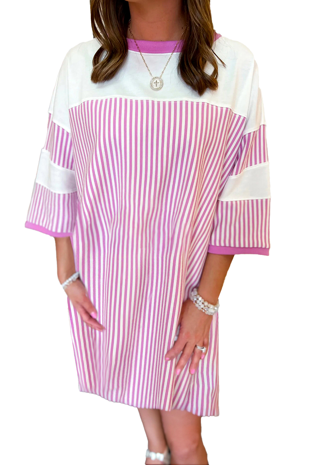 Flattering Phalaenopsis Pink Mini Dress with Round Neck and Versatile Style - Detail View 11 Flattering Phalaenopsis Pink Mini Dress with Round Neck and Versatile Style - Detail View 11
