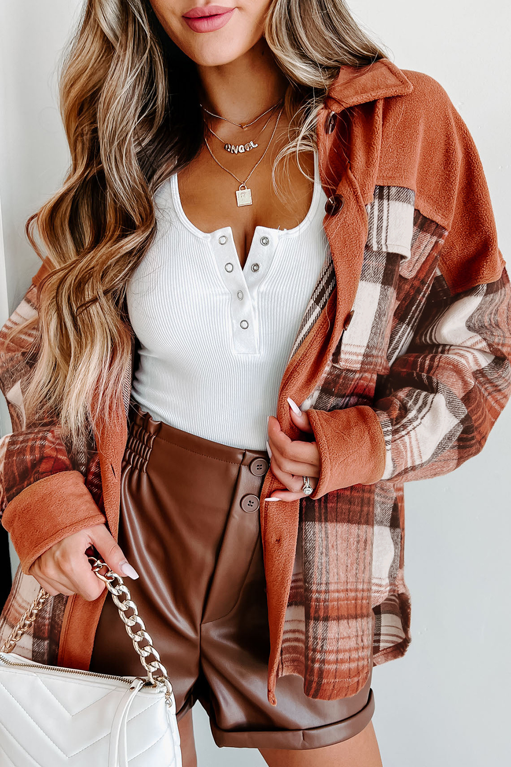 Trendy Khaki Plaid Colorblock Shacket - Versatile Button-Up Outerwear for Women - Detail View 2 Trendy Khaki Plaid Colorblock Shacket - Versatile Button-Up Outerwear for Women - Detail View 2