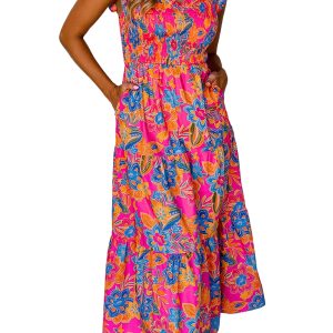 Women's Floral Maxi Dress, Smocked Boho Ruffle Tiered Gown - Main View