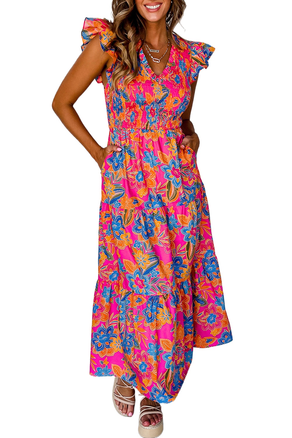 Women's Floral Maxi Dress, Smocked Boho Ruffle Tiered Gown - Main View Women's Floral Maxi Dress, Smocked Boho Ruffle Tiered Gown - Main View