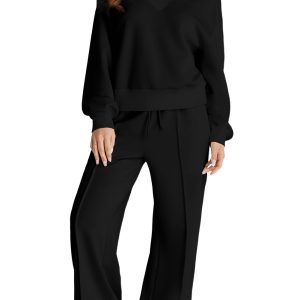 Women's Black V-Neck Cropped Sports Set - Trendy and Comfortable - Main View