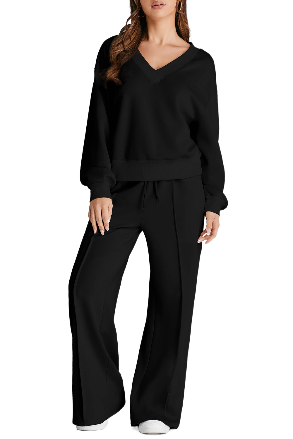 Women's Black V-Neck Cropped Sports Set - Trendy and Comfortable - Main View Women's Black V-Neck Cropped Sports Set - Trendy and Comfortable - Main View