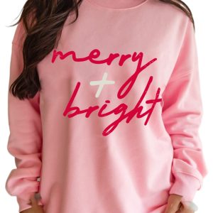 Women's Pink Merry + Bright Christmas Graphic Sweatshirt - Casual Holiday Style - Main View