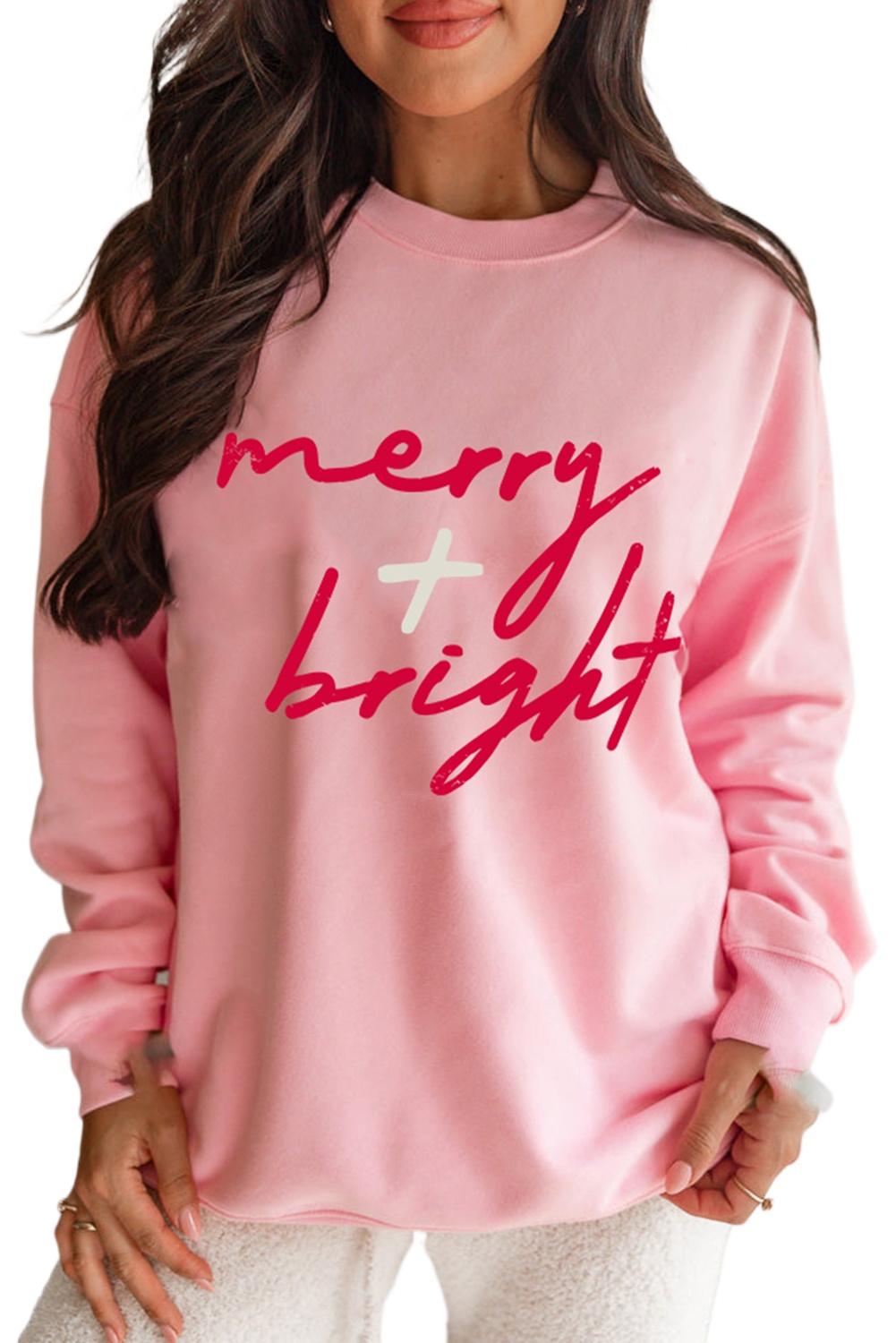 Women's Pink Merry + Bright Christmas Graphic Sweatshirt - Casual Holiday Style - Main View Women's Pink Merry + Bright Christmas Graphic Sweatshirt - Casual Holiday Style - Main View