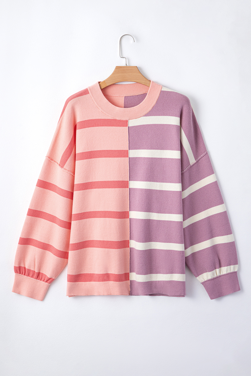 Warm and Stylish Pink Stripe Sweater for Women - Oversized Crew Neck - Detail View 13 Warm and Stylish Pink Stripe Sweater for Women - Oversized Crew Neck - Detail View 13