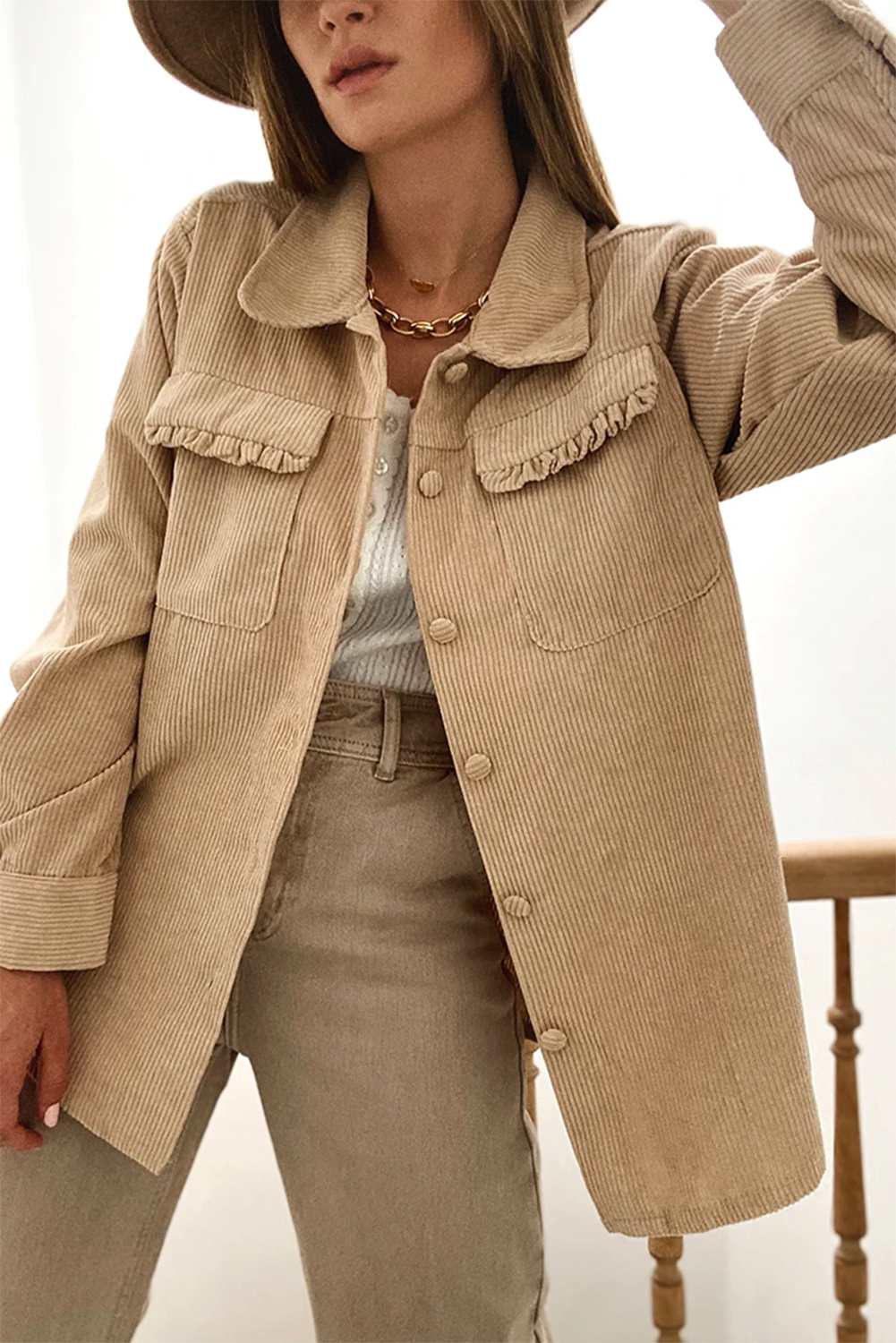 Add a bold and versatile staple to your wardrobe with this Women's Light French Beige Solid Frilled Flap Pocket Button Up Corduroy Shacket. Crafted from luxurious 100% polyester corduroy fabric, this jacket provides a soft and textured feel, perfect for the winter season. The convenient button-up closure ensures easy wear and styling, while the classic shirt collar adds a touch of sophistication to your look. The solid light French beige color makes it a versatile piece that can be dressed up or down for various occasions. The frilled flap pocket detail adds a unique and charming touch to the jacket. Whether you're going for a casual or elegant look, this corduroy shacket is a must-have addition to your outerwear collection, offering captivating patterns and textures. - Detail View 4 Add a bold and versatile staple to your wardrobe with this Women's Light French Beige Solid Frilled Flap Pocket Button Up Corduroy Shacket. Crafted from luxurious 100% polyester corduroy fabric, this jacket provides a soft and textured feel, perfect for the winter season. The convenient button-up closure ensures easy wear and styling, while the classic shirt collar adds a touch of sophistication to your look. The solid light French beige color makes it a versatile piece that can be dressed up or down for various occasions. The frilled flap pocket detail adds a unique and charming touch to the jacket. Whether you're going for a casual or elegant look, this corduroy shacket is a must-have addition to your outerwear collection, offering captivating patterns and textures. - Detail View 4