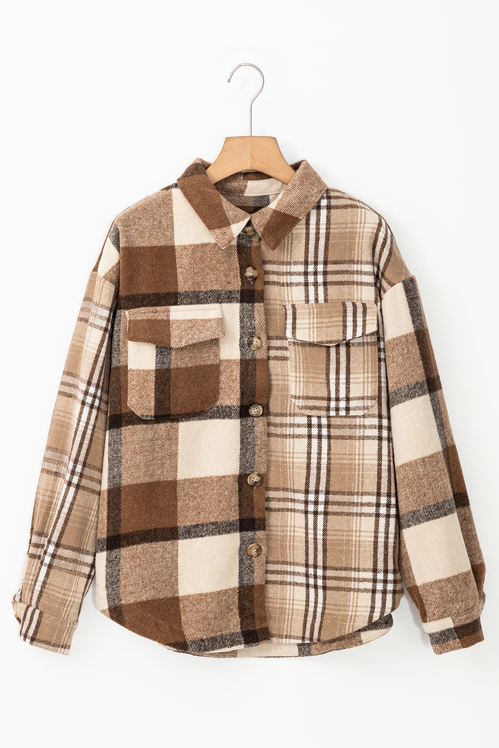 Cozy and Stylish Light French Beige Plaid Shacket with Double Flap Pockets - Detail View 6 Cozy and Stylish Light French Beige Plaid Shacket with Double Flap Pockets - Detail View 6