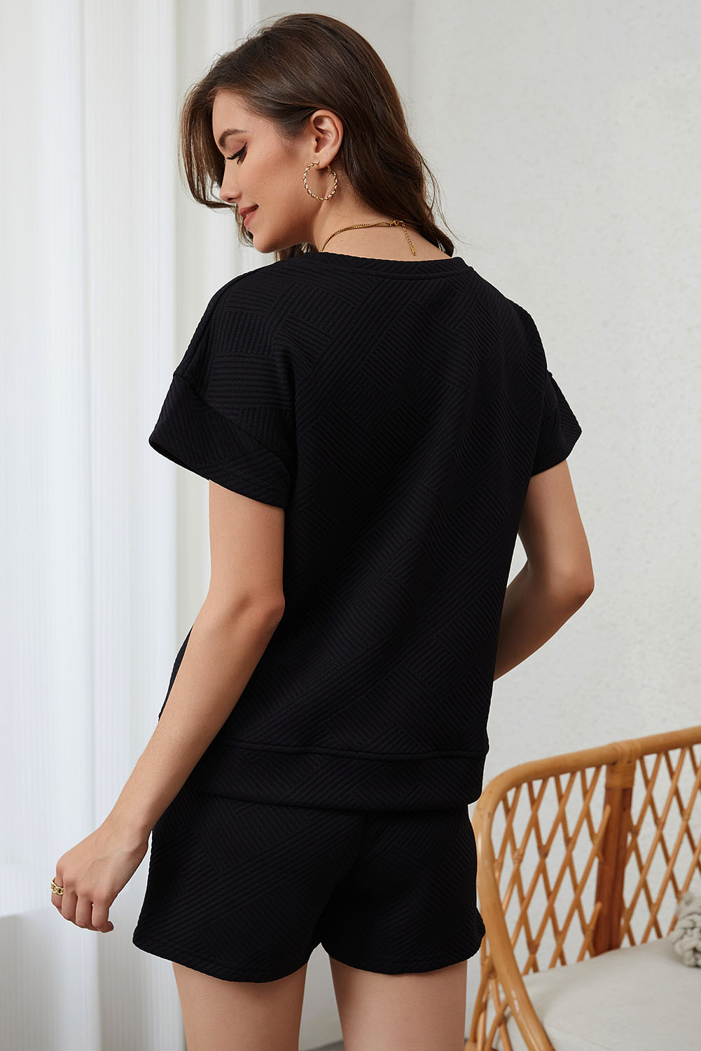 Black Ribbed Short Sleeve Set, High Waisted Drawstring Shorts - Detail View 8 Black Ribbed Short Sleeve Set, High Waisted Drawstring Shorts - Detail View 8