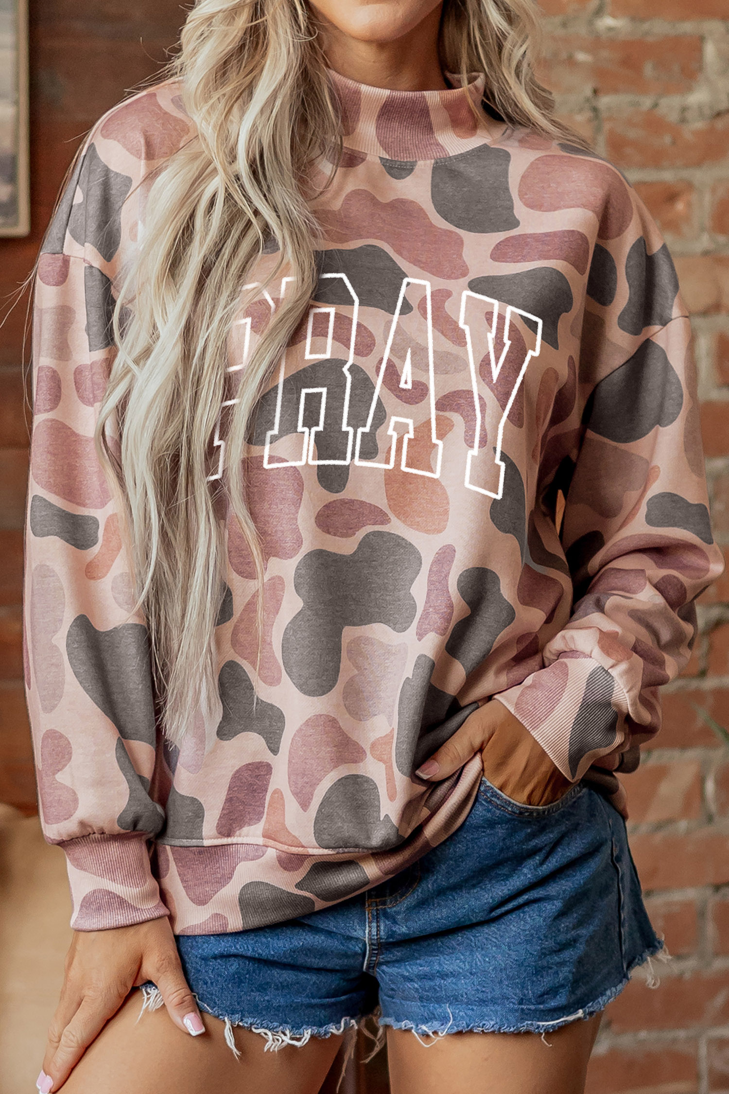 Women's Camo Pullover Sweatshirt, Casual Stand Neck Top - Detail View 7 Women's Camo Pullover Sweatshirt, Casual Stand Neck Top - Detail View 7