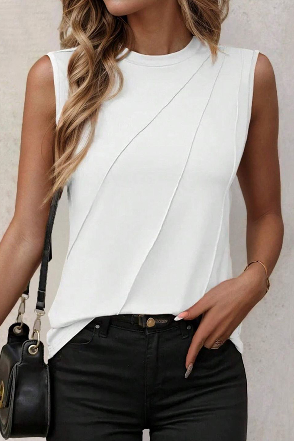 Chic and Trendy White Shift Tank Top with Pleated Design - Detail View 2 Chic and Trendy White Shift Tank Top with Pleated Design - Detail View 2