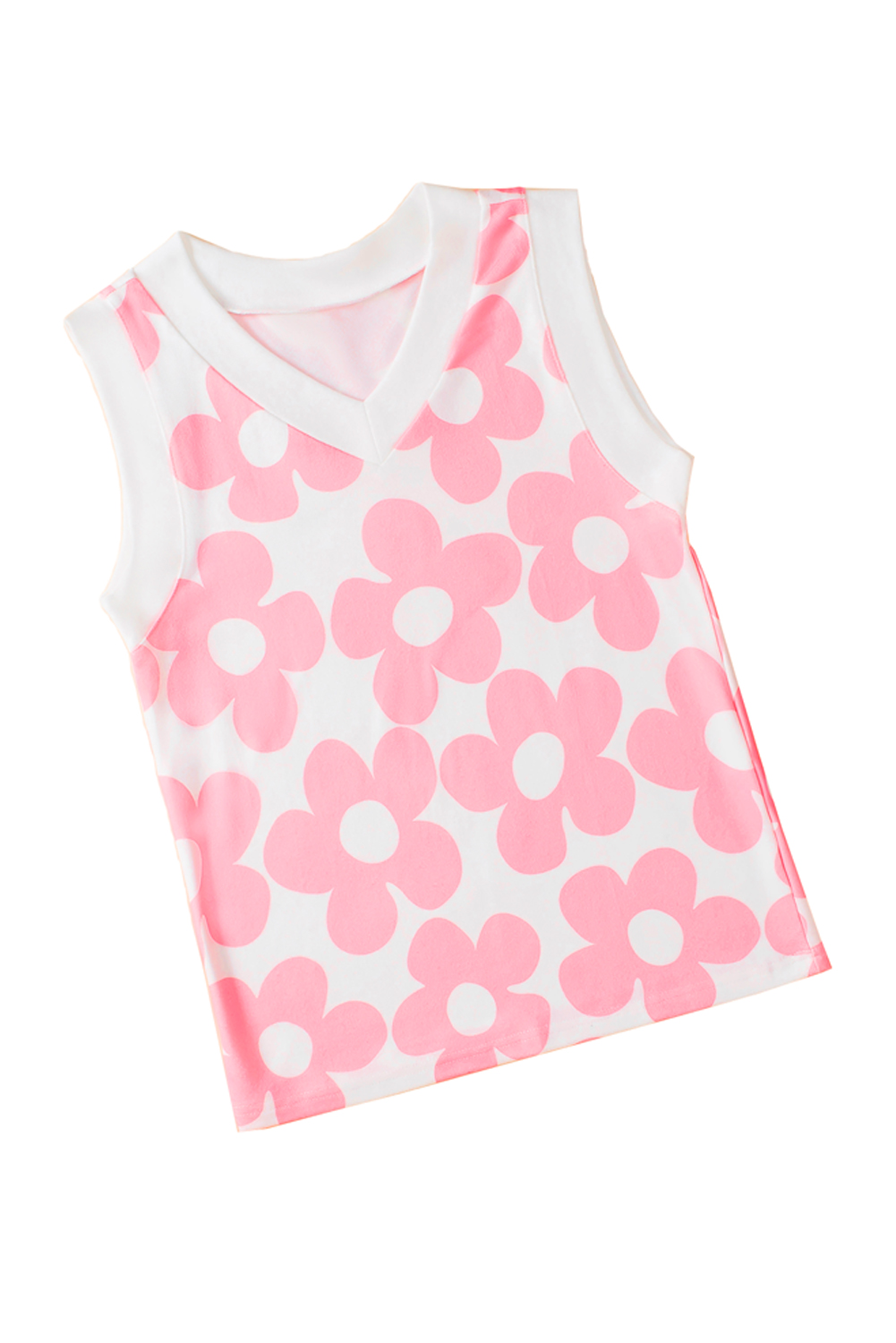 Pink Floral Knitted Tank Top, Casual V Neck Sleeveless Shirt - Detail View 8 Pink Floral Knitted Tank Top, Casual V Neck Sleeveless Shirt - Detail View 8