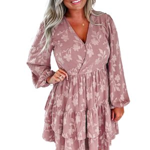 Plus Size Peach Blossom Floral Surplice V Neck Tiered Ruffled Dress for Women - Main View