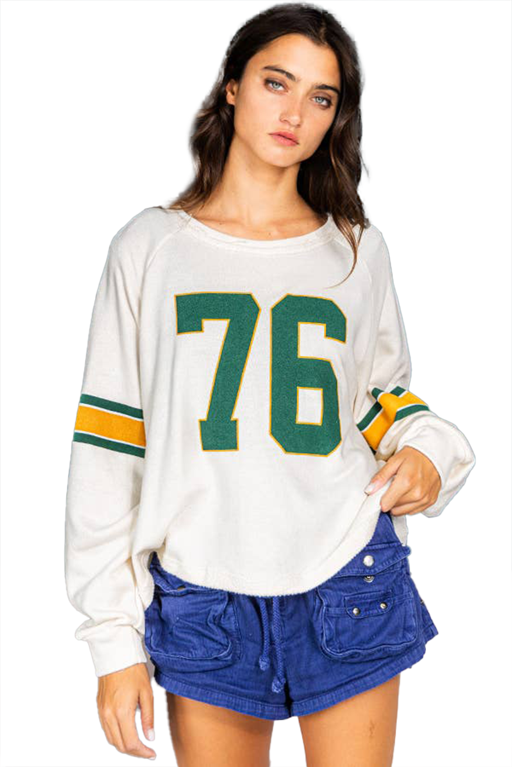 Women's Long Sleeve Top, White T-Shirt, Number 76 Print, Retro Style, Sporty Design, Casual Wear, Raglan Sleeves, Fall Fashion, Daily Wear, Comfortable, Versatile, Polyester Blend, Shift Silhouette, Round Neck - Detail View 16 Women's Long Sleeve Top, White T-Shirt, Number 76 Print, Retro Style, Sporty Design, Casual Wear, Raglan Sleeves, Fall Fashion, Daily Wear, Comfortable, Versatile, Polyester Blend, Shift Silhouette, Round Neck - Detail View 16