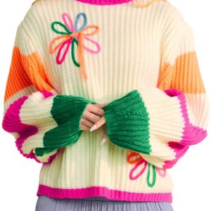 Women's Beige Colorblock Flower Print Cable Knit Loose Sweater - Main View