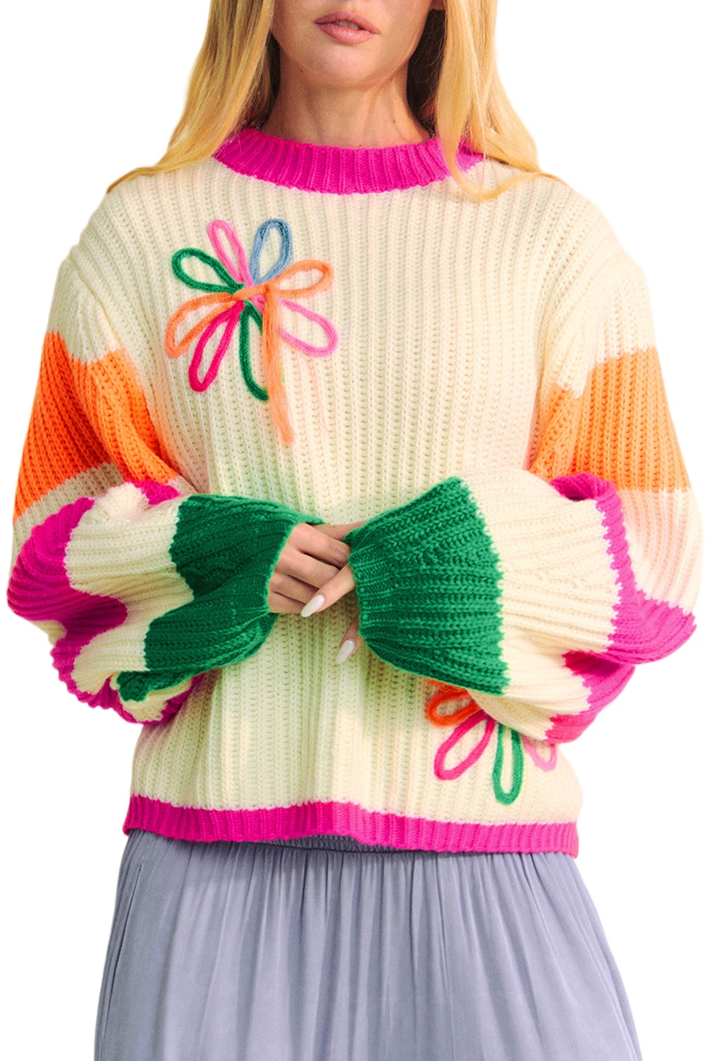 Women's Beige Colorblock Flower Print Cable Knit Loose Sweater - Main View Women's Beige Colorblock Flower Print Cable Knit Loose Sweater - Main View