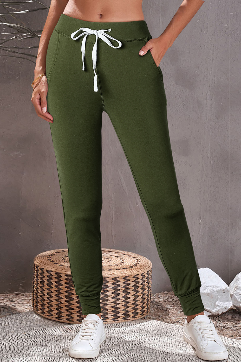 Women's Drawstring Joggers, Casual Moss Green Lounge Pants - Detail View 3 Women's Drawstring Joggers, Casual Moss Green Lounge Pants - Detail View 3