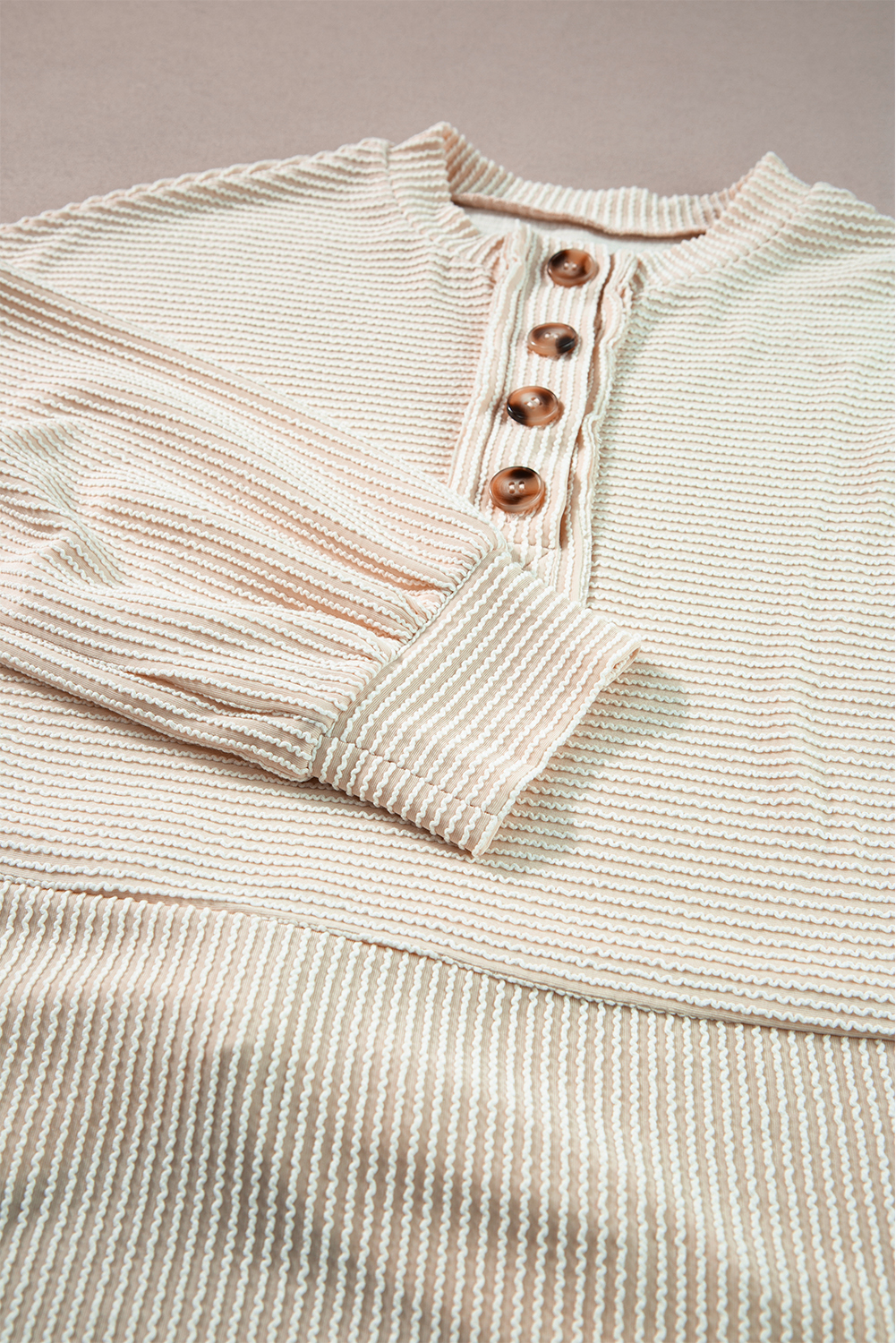 Women's Apricot Corded Texture Lantern Sleeve Buttons Henley Sweatsuit - Detail View 11 Women's Apricot Corded Texture Lantern Sleeve Buttons Henley Sweatsuit - Detail View 11