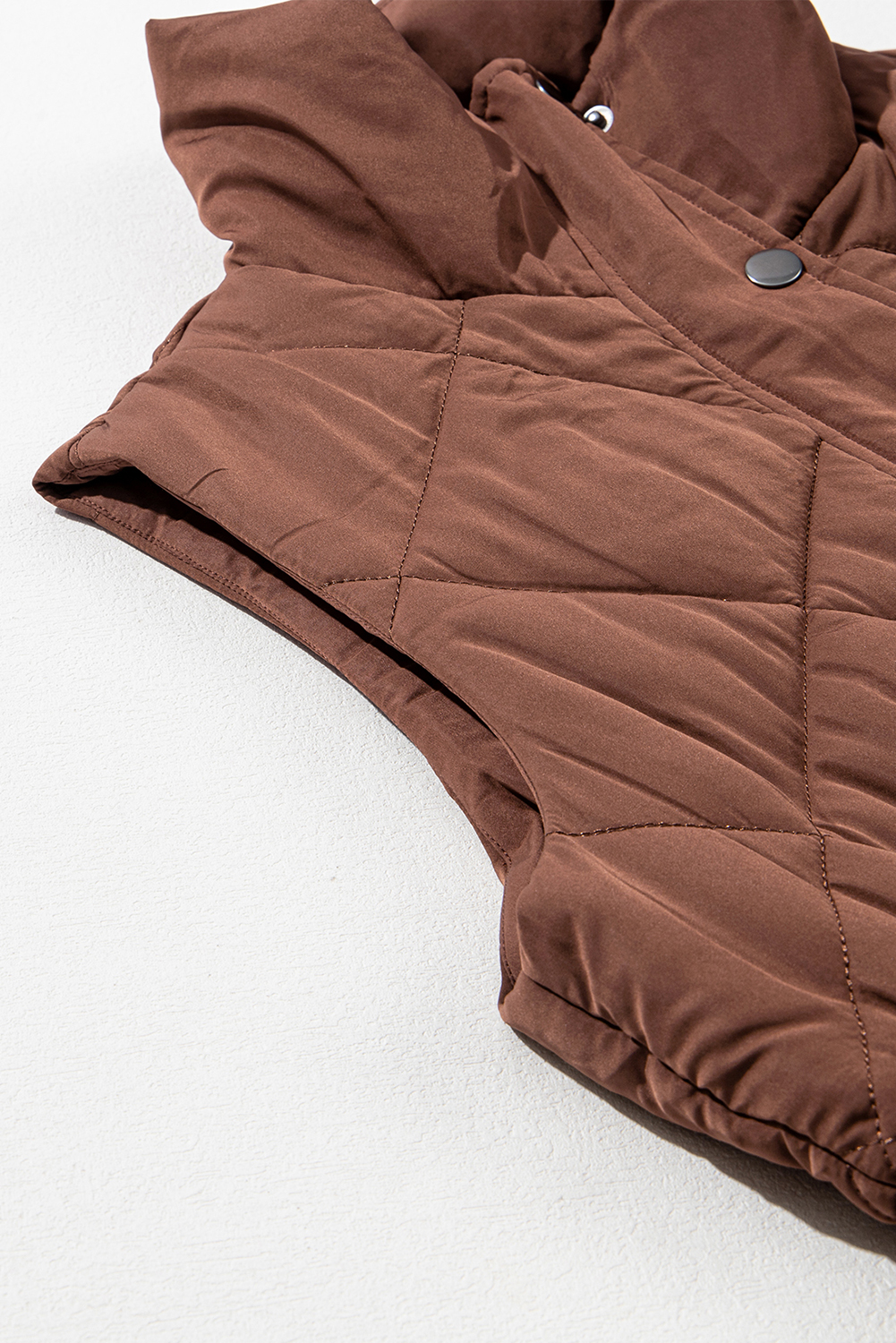 Women's Coffee Quilted Longline Puffer Vest with Stand Collar - Detail View 21 Women's Coffee Quilted Longline Puffer Vest with Stand Collar - Detail View 21