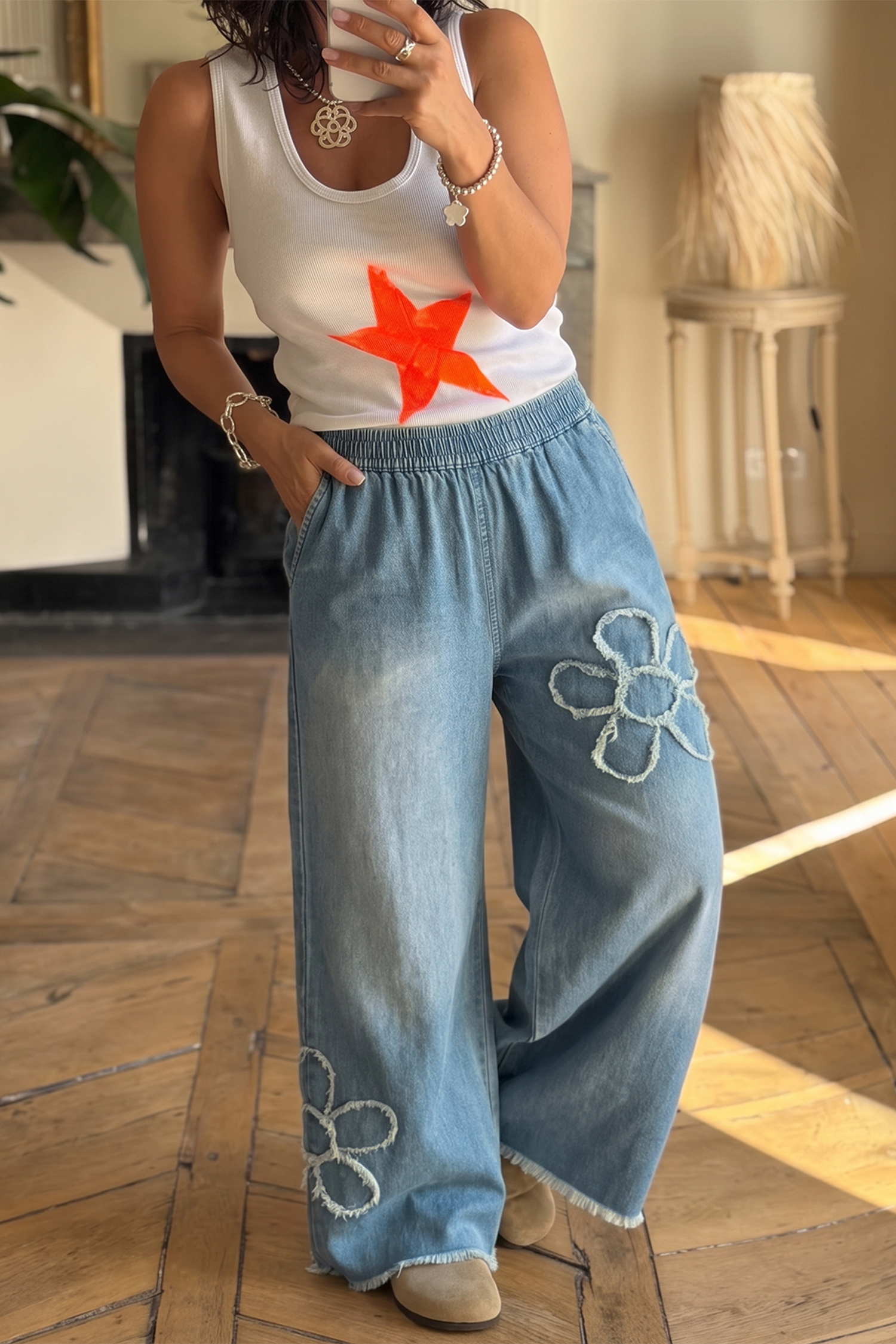 Women's Elastic Waist Jeans, Comfortable Cotton Wide Leg - Detail View 6 Women's Elastic Waist Jeans, Comfortable Cotton Wide Leg - Detail View 6