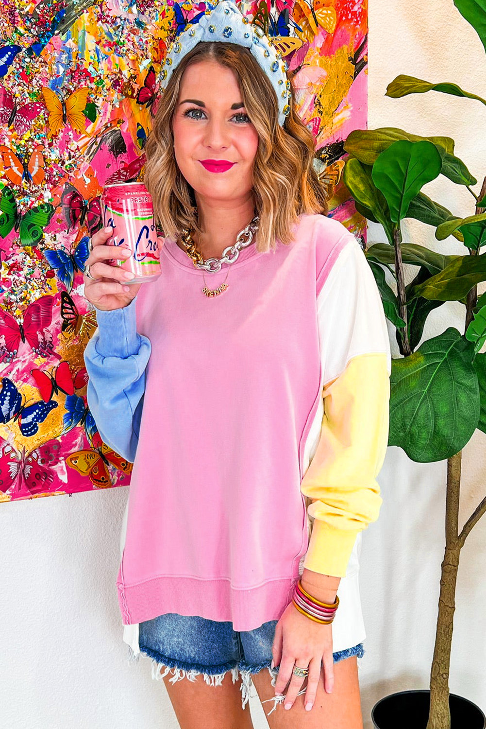 Trendy Long Sleeve Sweatshirt: Exposed Seam and Side Slits - Bonbon Color - Detail View 7 Trendy Long Sleeve Sweatshirt: Exposed Seam and Side Slits - Bonbon Color - Detail View 7