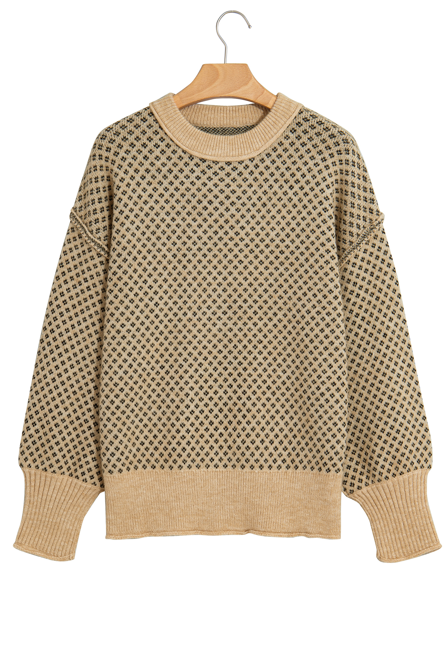 Women's Drop Shoulder Sweater, Casual Khaki Knit - Detail View 7 Women's Drop Shoulder Sweater, Casual Khaki Knit - Detail View 7