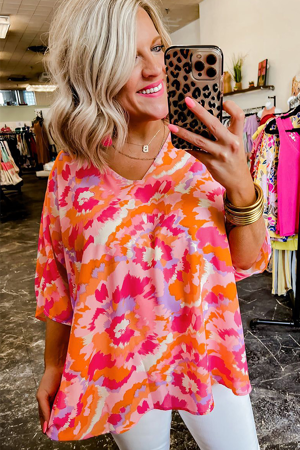 Lightweight and Unique: Women's Rose Red Abstract Print Summer Blouse - Detail View 3 Lightweight and Unique: Women's Rose Red Abstract Print Summer Blouse - Detail View 3