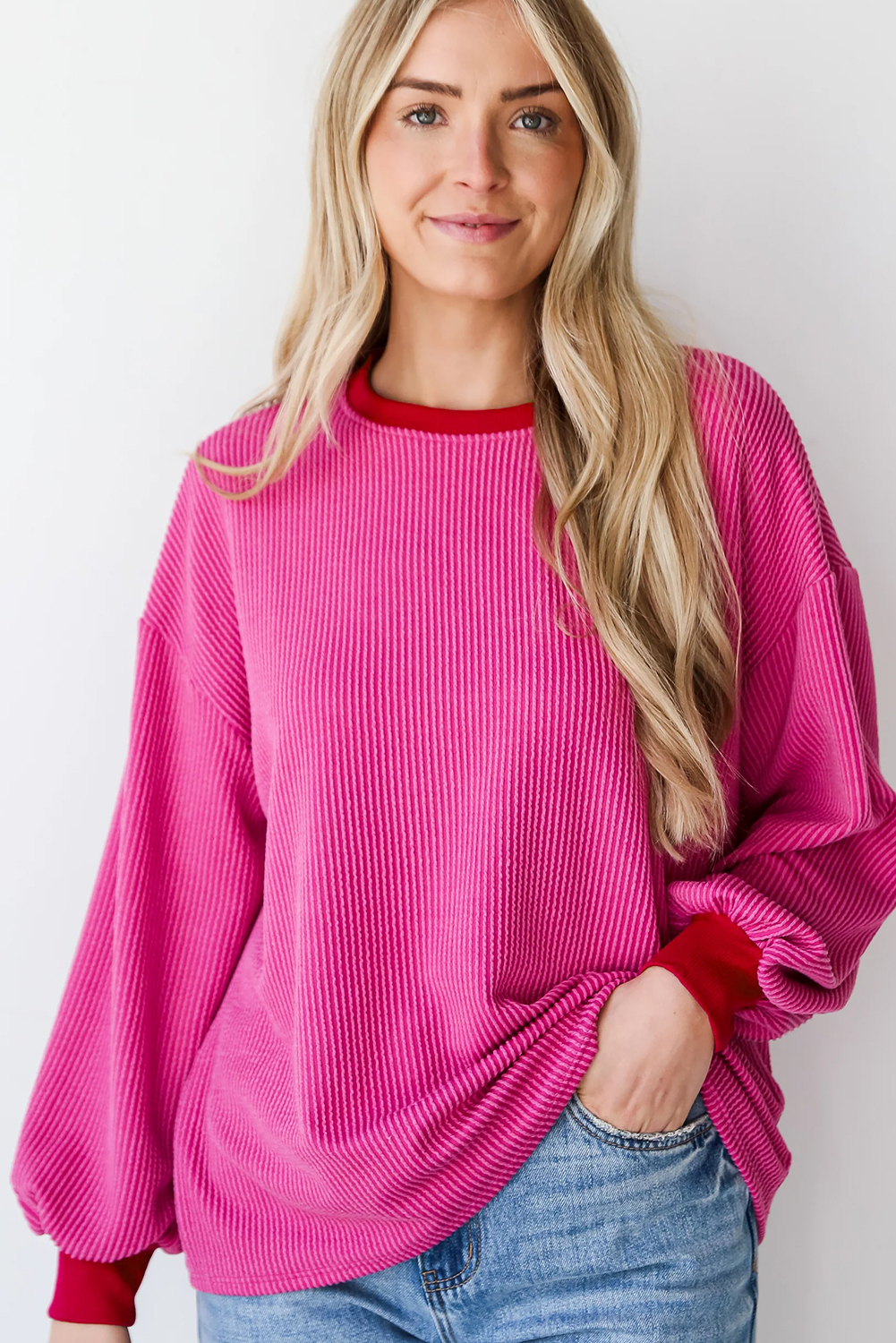 Women's Bright Pink Corded Contrast Edge Drop Shoulder Long Sleeve Top - Detail View 6 Women's Bright Pink Corded Contrast Edge Drop Shoulder Long Sleeve Top - Detail View 6