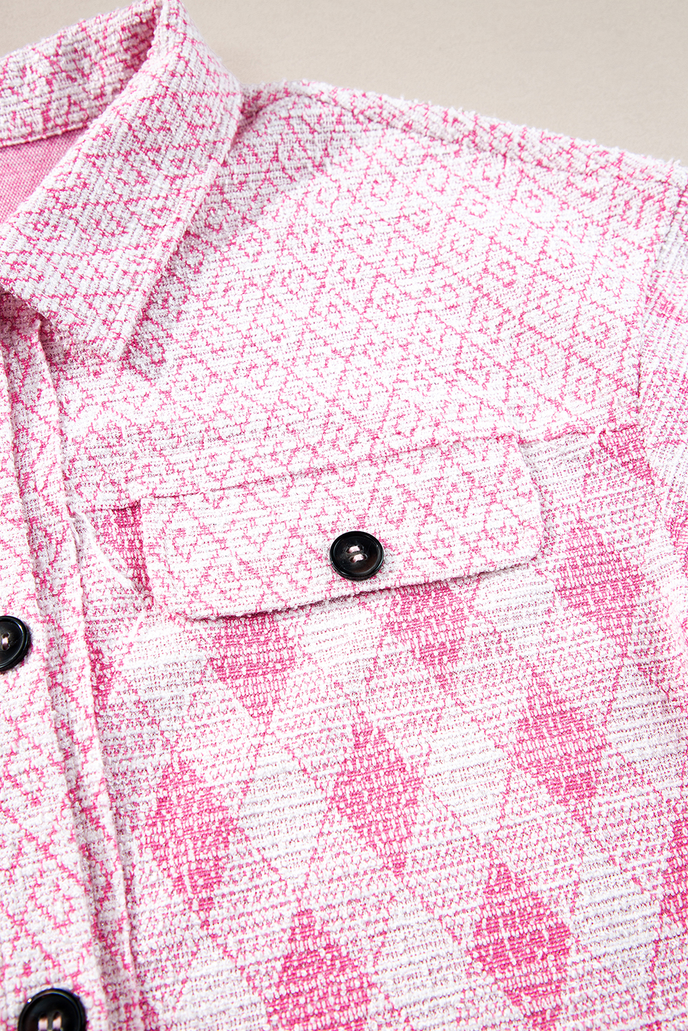 Add depth and visual interest to your overall look with this Women's Delicacy Geometric Print Textured Shacket. The eye-catching geometric print gives it a modern and stylish appearance, making it a fashionable choice for the spring season. The chest pocket not only adds functionality but also provides a touch of utility to the jacket. With a buttoned closure, this shacket offers easy wear and adjustable styling options. Made from a premium blend of 85% polyester and 15% viscose, it ensures durability and comfort. The textured fabric adds a unique touch to the jacket, making it stand out from the rest. This versatile piece is the perfect combination of chic and casual, making it a must-have addition to your daily wardrobe. - Detail View 14 Add depth and visual interest to your overall look with this Women's Delicacy Geometric Print Textured Shacket. The eye-catching geometric print gives it a modern and stylish appearance, making it a fashionable choice for the spring season. The chest pocket not only adds functionality but also provides a touch of utility to the jacket. With a buttoned closure, this shacket offers easy wear and adjustable styling options. Made from a premium blend of 85% polyester and 15% viscose, it ensures durability and comfort. The textured fabric adds a unique touch to the jacket, making it stand out from the rest. This versatile piece is the perfect combination of chic and casual, making it a must-have addition to your daily wardrobe. - Detail View 14
