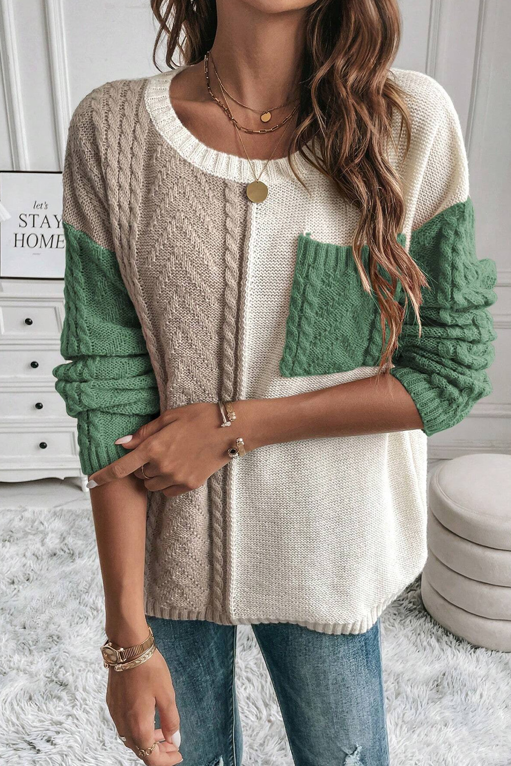 Long Sleeve Round Neck Sweater, Women's Fall Colorblock Top - Detail View 12 Long Sleeve Round Neck Sweater, Women's Fall Colorblock Top - Detail View 12