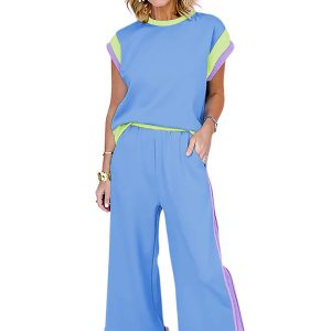 Women's Sky Blue Color Block Two-Piece Casual Outfit with Crop Wide Leg Pants - Main View