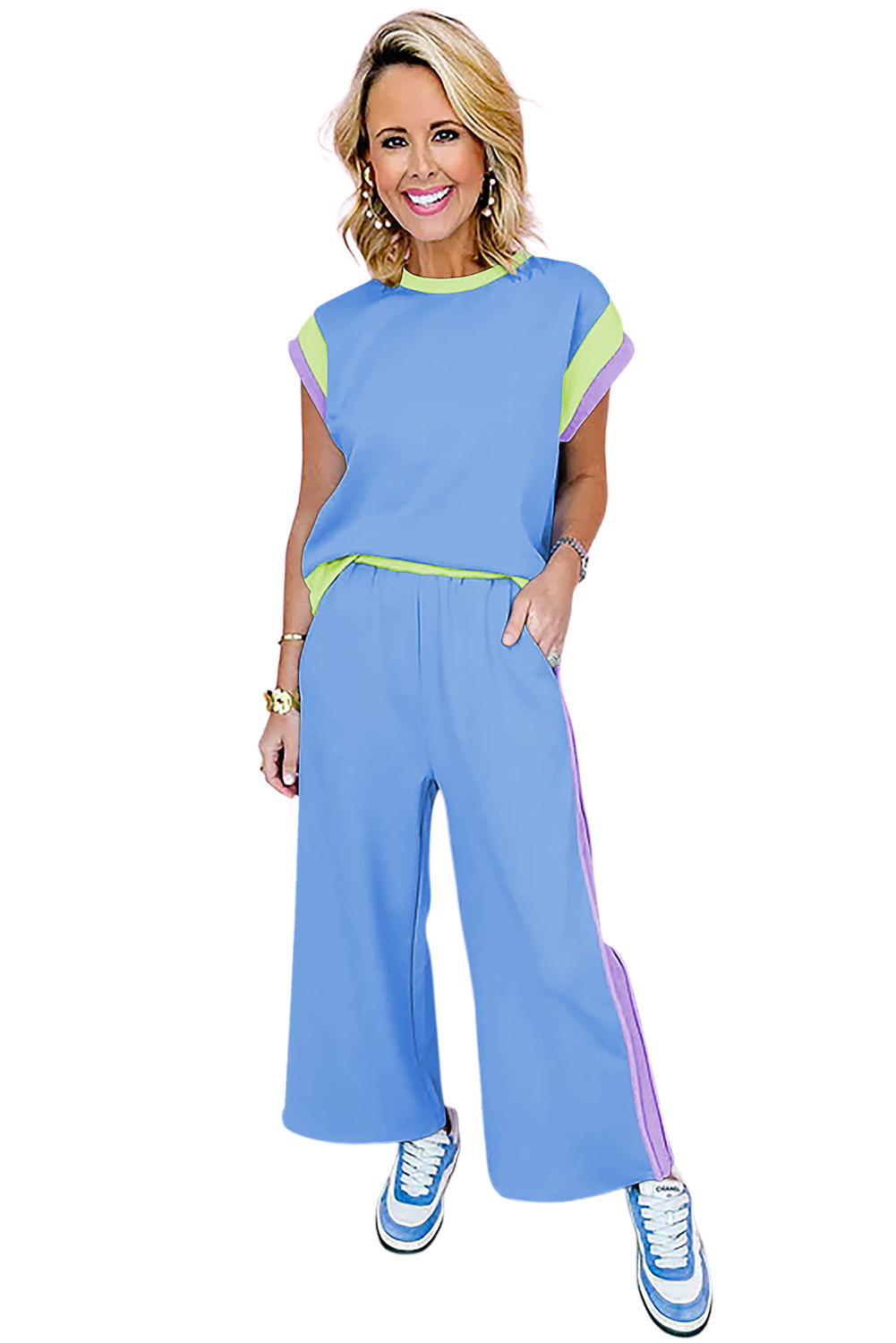 Women's Sky Blue Color Block Two-Piece Casual Outfit with Crop Wide Leg Pants - Main View Women's Sky Blue Color Block Two-Piece Casual Outfit with Crop Wide Leg Pants - Main View