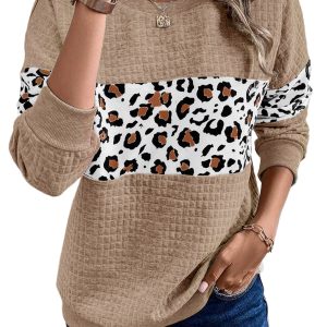 Women's Parchment Leopard Quilted Patchwork Crew Neck Sweatshirt - Cozy and Chic Casual Wear - Main View