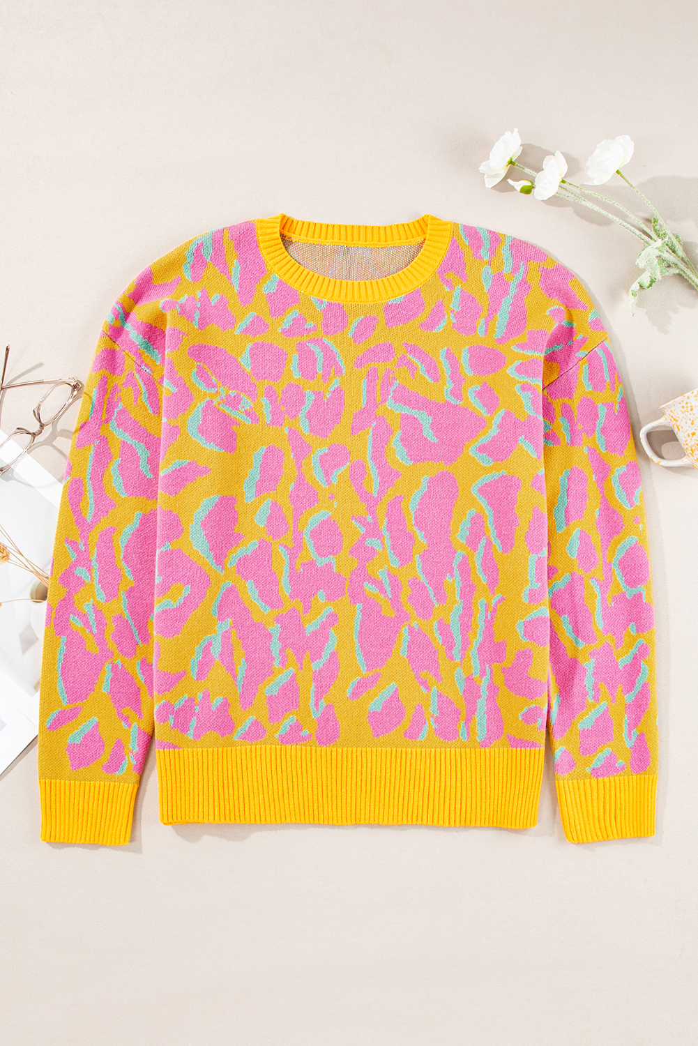Women's Vitality Orange Abstract Print Baggy Sweater with Ribbed Trim - Detail View 11 Women's Vitality Orange Abstract Print Baggy Sweater with Ribbed Trim - Detail View 11